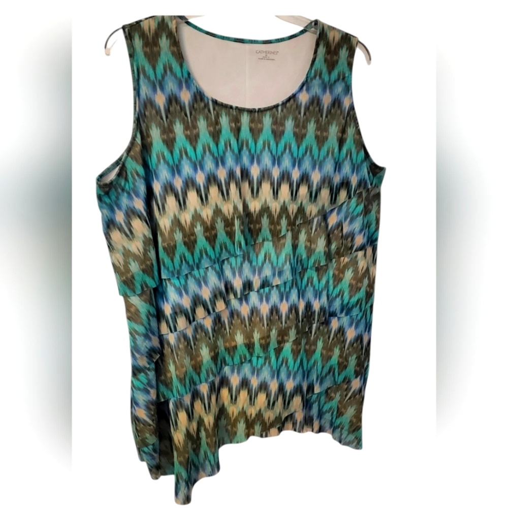 Catherines Womens Pullover Green Blue Chevron Stripe Sleeveless Tunic